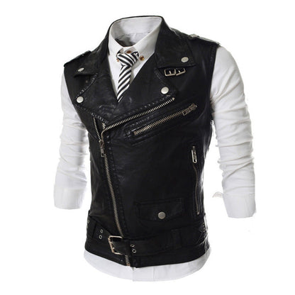 Herren Lederweste Asymmetrisch Reißverschluss Biker Stil