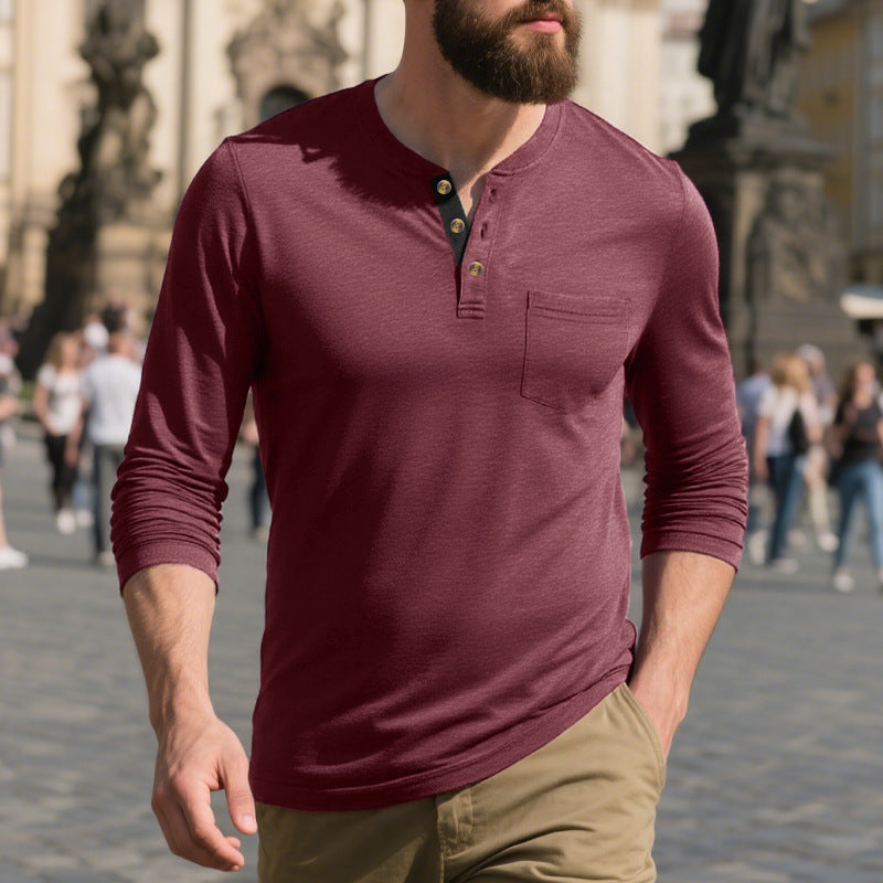Herren Langarmshirt Weich Baumwolle Mit Brusttasche