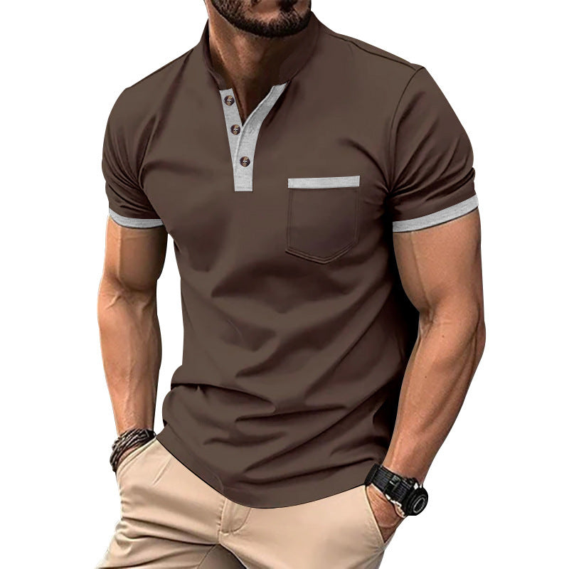 Herren Polo Kurzarm Kontrastknöpfe Brusttasche Modern
