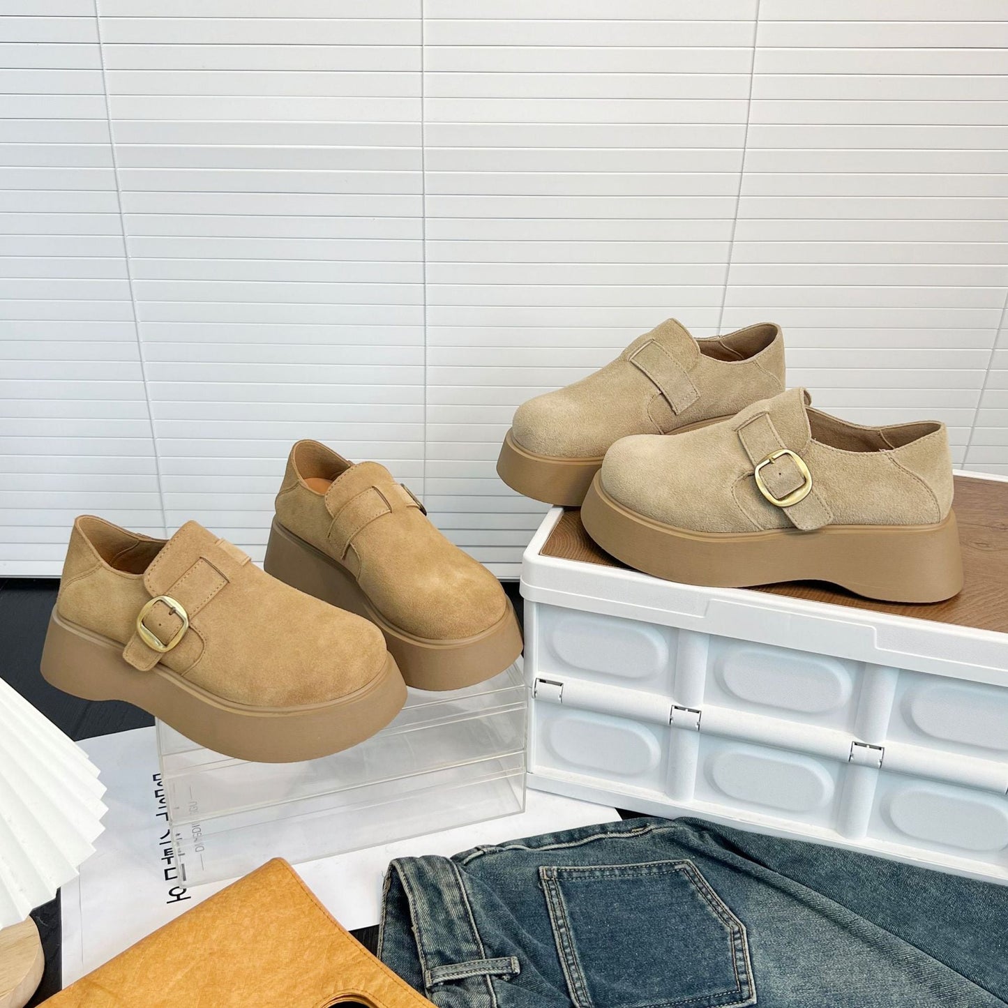 Damen Plateau Schuhe Schnalle Modisch Hoch