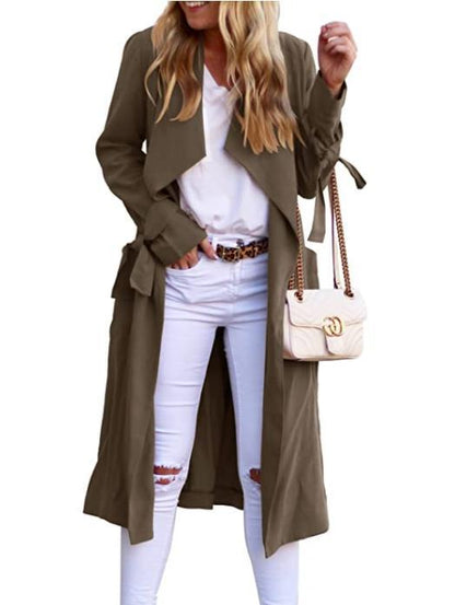 Damen Trenchcoat Lang Fließend mit Gürtel und Revers
