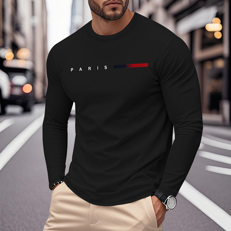 Herren Langarm T-Shirt mit modernem Paris-Druck und elastischem Saum Berlin Glamour → Herren T-Shirt Langarm mit Paris-Druck, modern, elastisch und Berlin-Glamour - BerlinGlamour