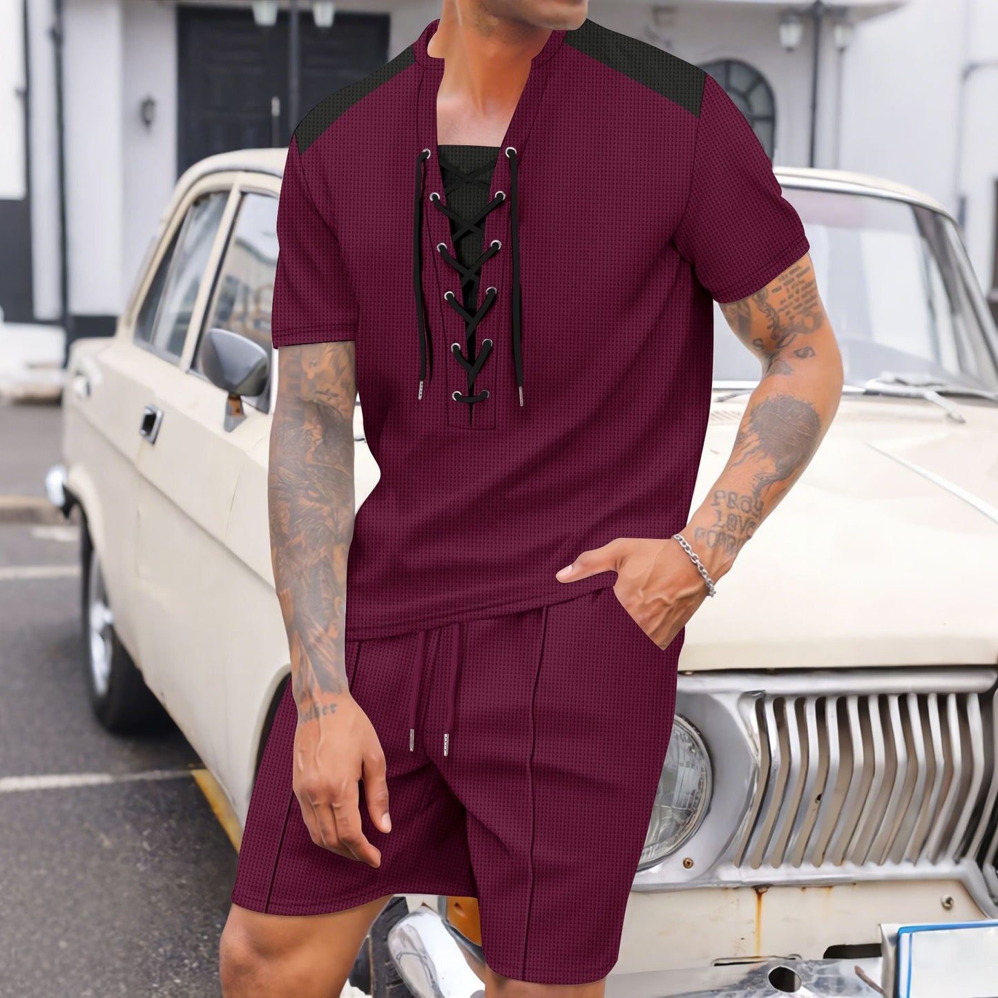 Herren Sportset Kurzarm Hemd elastische Hose