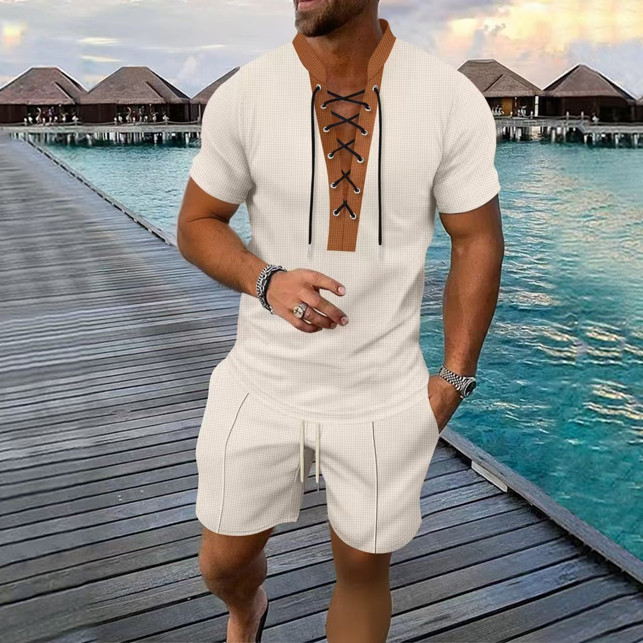 Herren Kurzarmhemd Modern Elastisch Schnürverschluss
