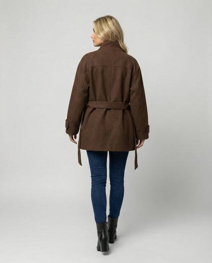 Damen Strickjacke Slim Fit Wollmantel Kurz mit Gürtel Stehkragen