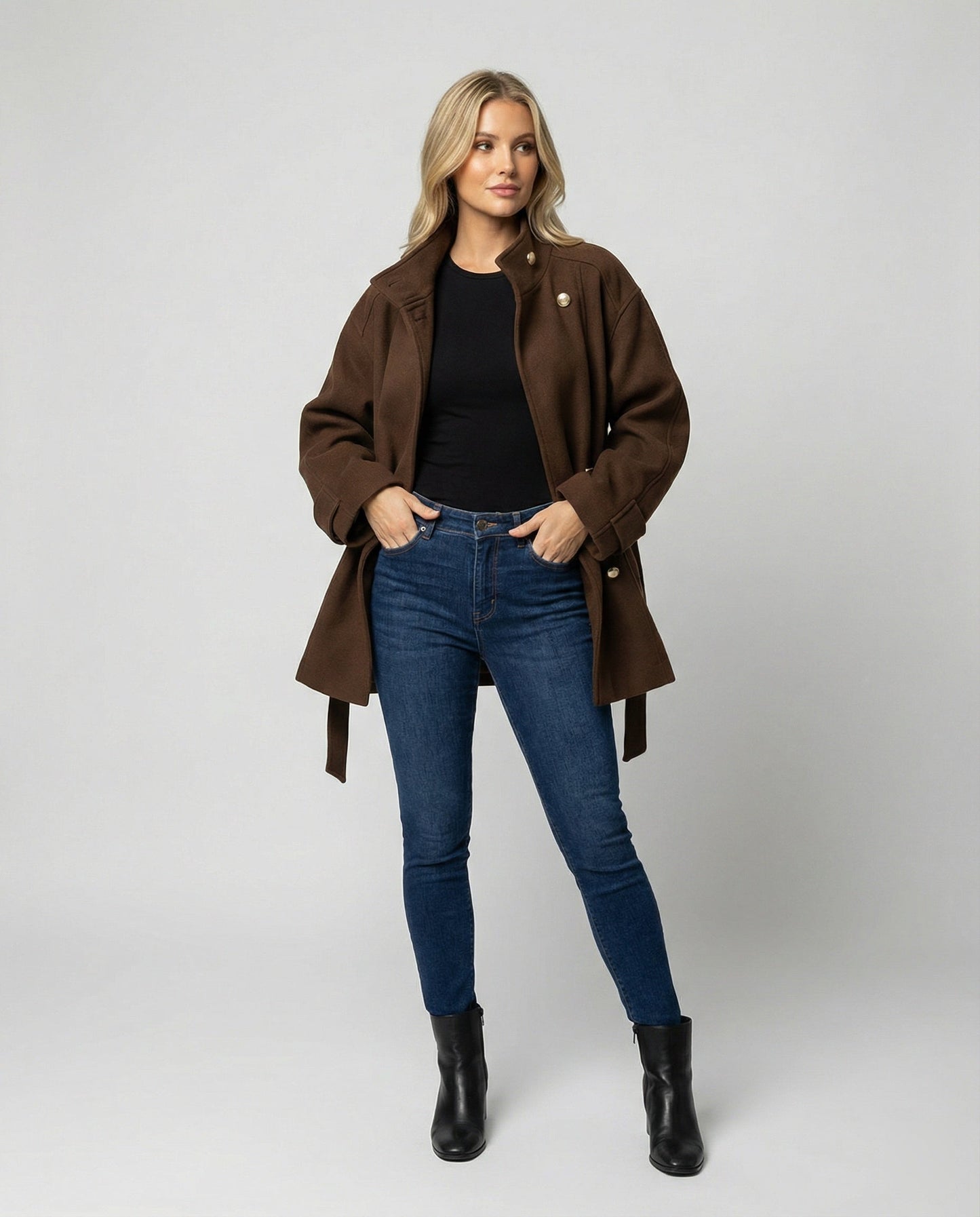 Damen Strickjacke Slim Fit Wollmantel Kurz mit Gürtel Stehkragen