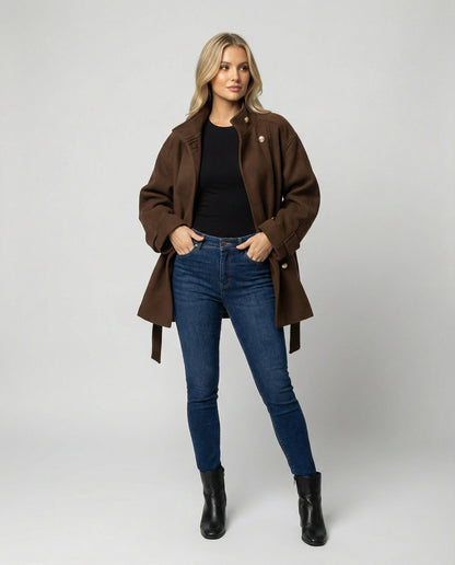 Damen Strickjacke Slim Fit Wollmantel Kurz mit Gürtel Stehkragen