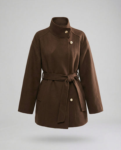 Damen Strickjacke Slim Fit Wollmantel Kurz mit Gürtel Stehkragen