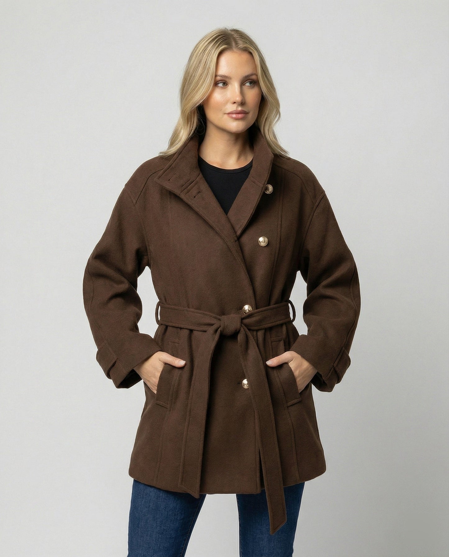Damen Strickjacke Slim Fit Wollmantel Kurz mit Gürtel Stehkragen - BerlinGlamour