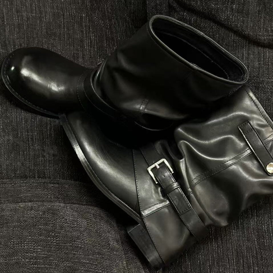 Damen Lederstiefel Schnalle Schwarz Modisch