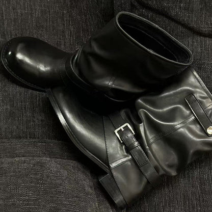 Damen Lederstiefel Schnalle Schwarz Modisch