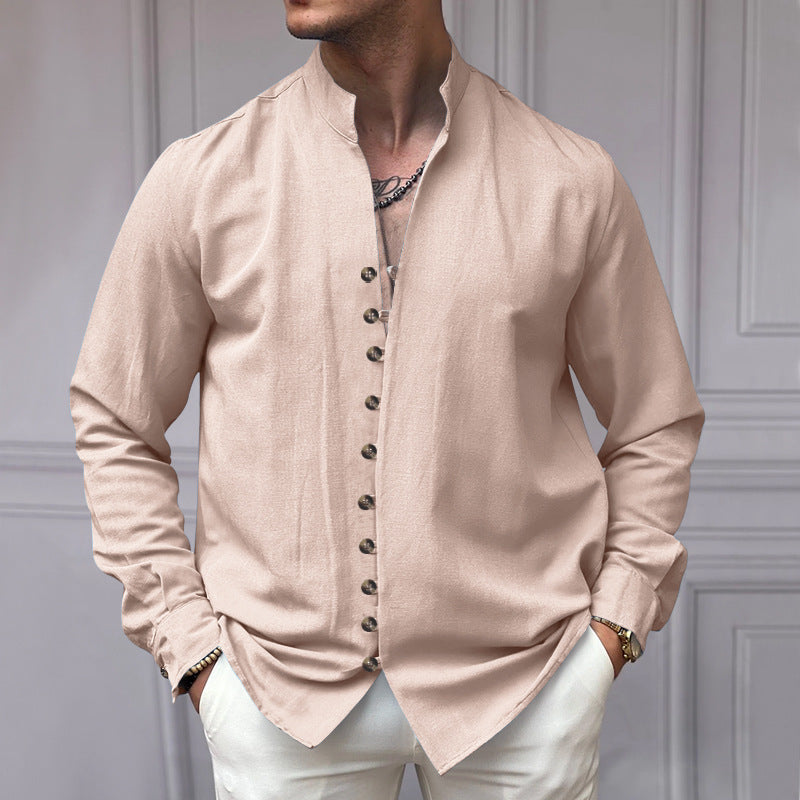 Herren Leinenhemd Modern Stehkragen Elegante Knöpfe
