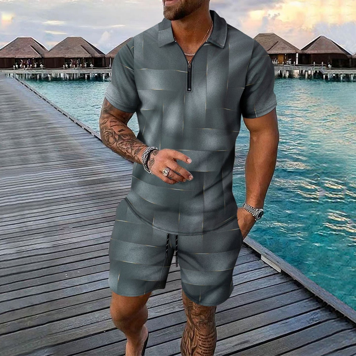 Herren Jumpsuit Kurzarm Modern mit Reißverschluss