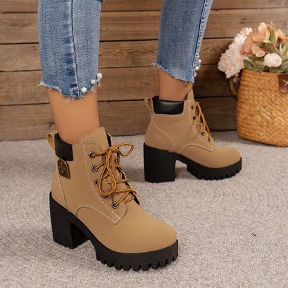 Damen Stiefeletten Schnürung Hoch Hacken Elegante Mode
