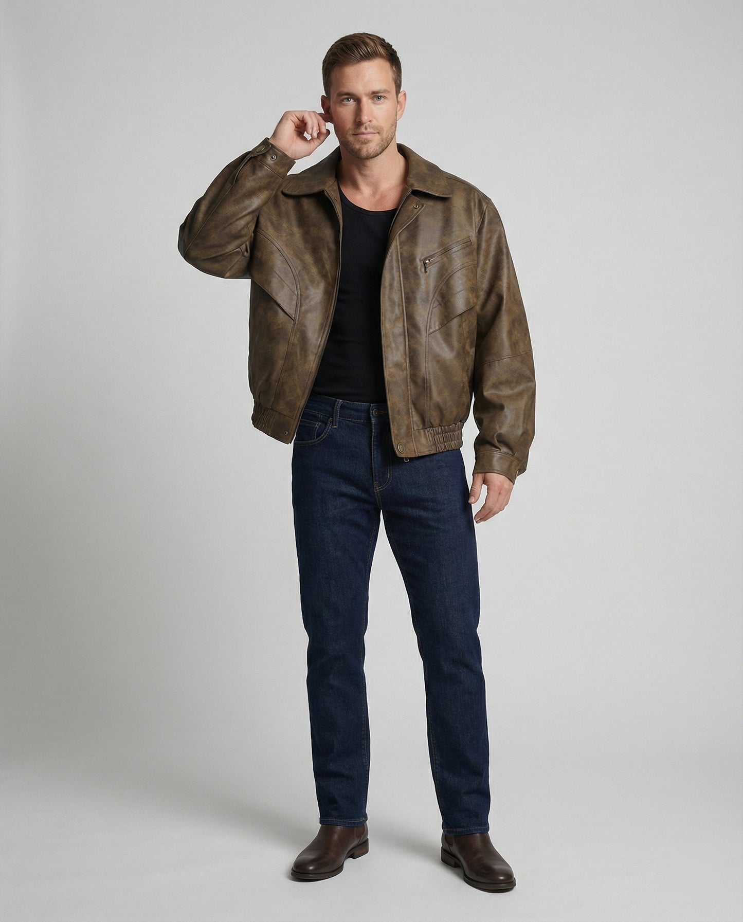 Lederblouson Herren Vintage Style mit Ziernähten Elastisch