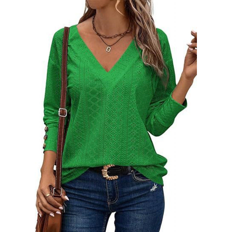 Damen Bluse V-Ausschnitt Langärmlig Gehäkelt Elegannt