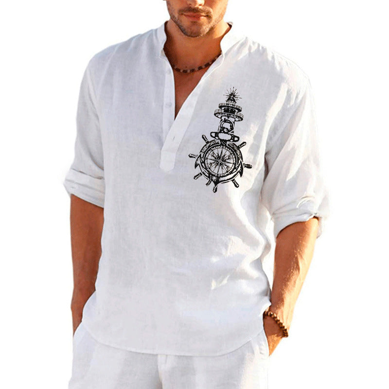Herren Leinenhemd Steuerrad Design Maritim Stylish