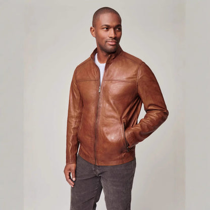 Lederjacke Herren Biker-Stil Modern Stehkragen Schwarz