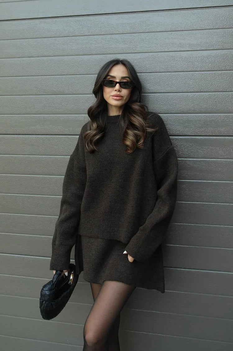 Zweiteiler Set Strickpullover Rock Damen Modern