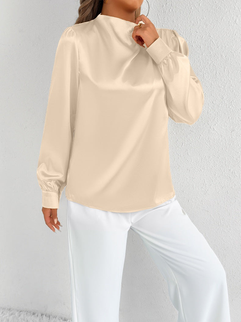 Damen Bluse Satin Modern Stehkragen Elegante Ärmel