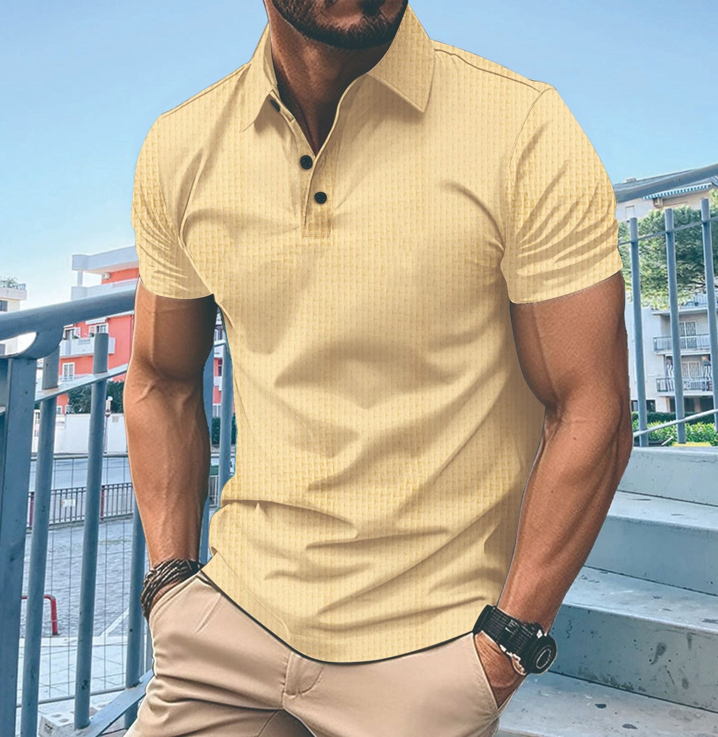 Herren T-Shirt Kurzarm Modern mit Knöpfen und Struktur