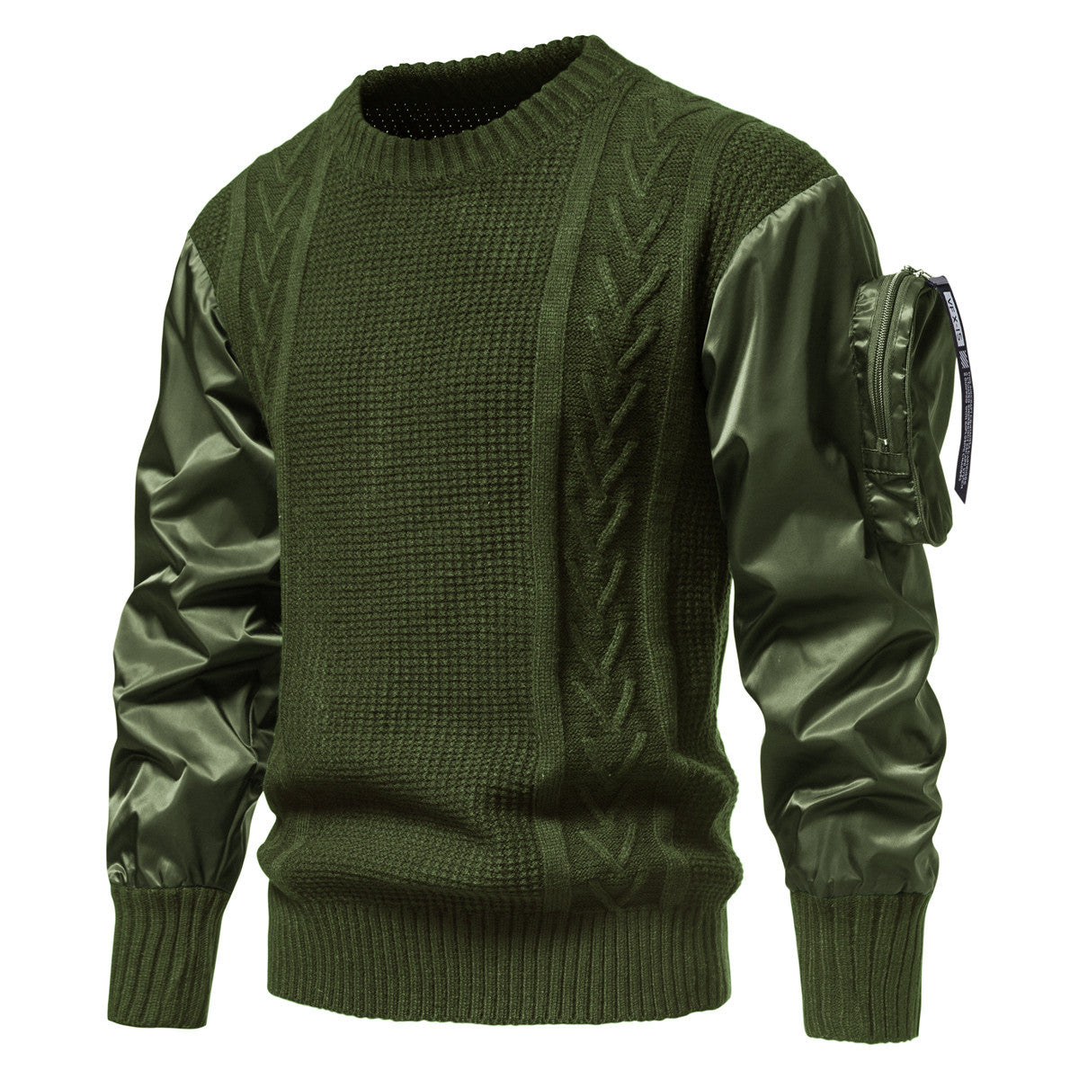 Herren Grobstrickpullover Modern mit Lederärmeln Schwarz