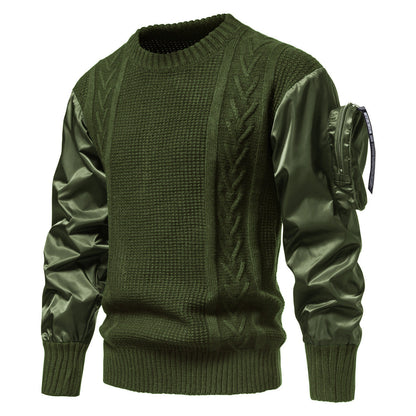 Herren Grobstrickpullover Modern mit Lederärmeln Schwarz
