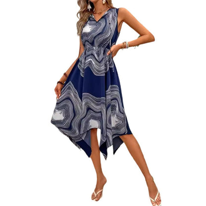 Asymmetrisches Sommerkleid Damen V-Ausschnitt Wellenmuster Kurz