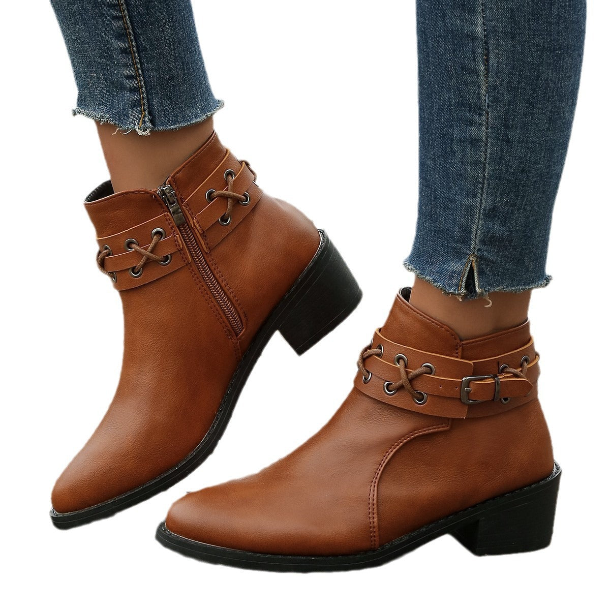 Damen Stiefeletten Schnür-Detail Modisch Schwarz