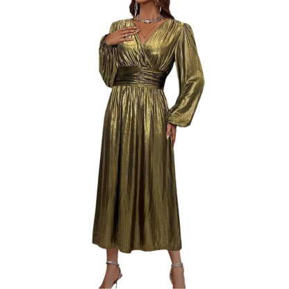 Elegantes Damen Midikleid Metallic Glanz Puffärmel