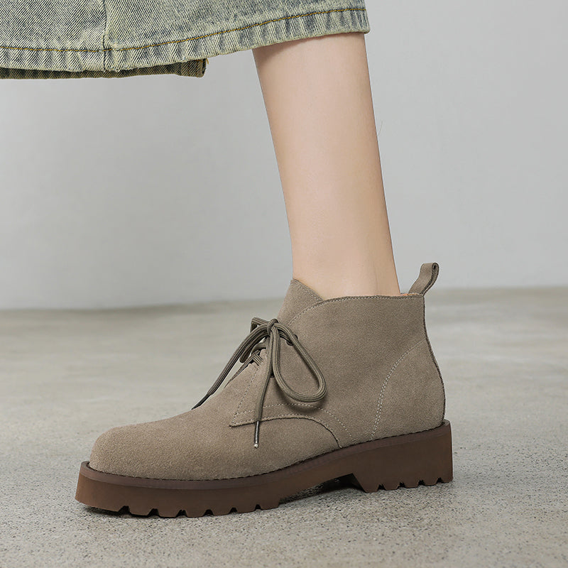Damen Stiefeletten Wildleder Bequem Schnürsenkel Braun
