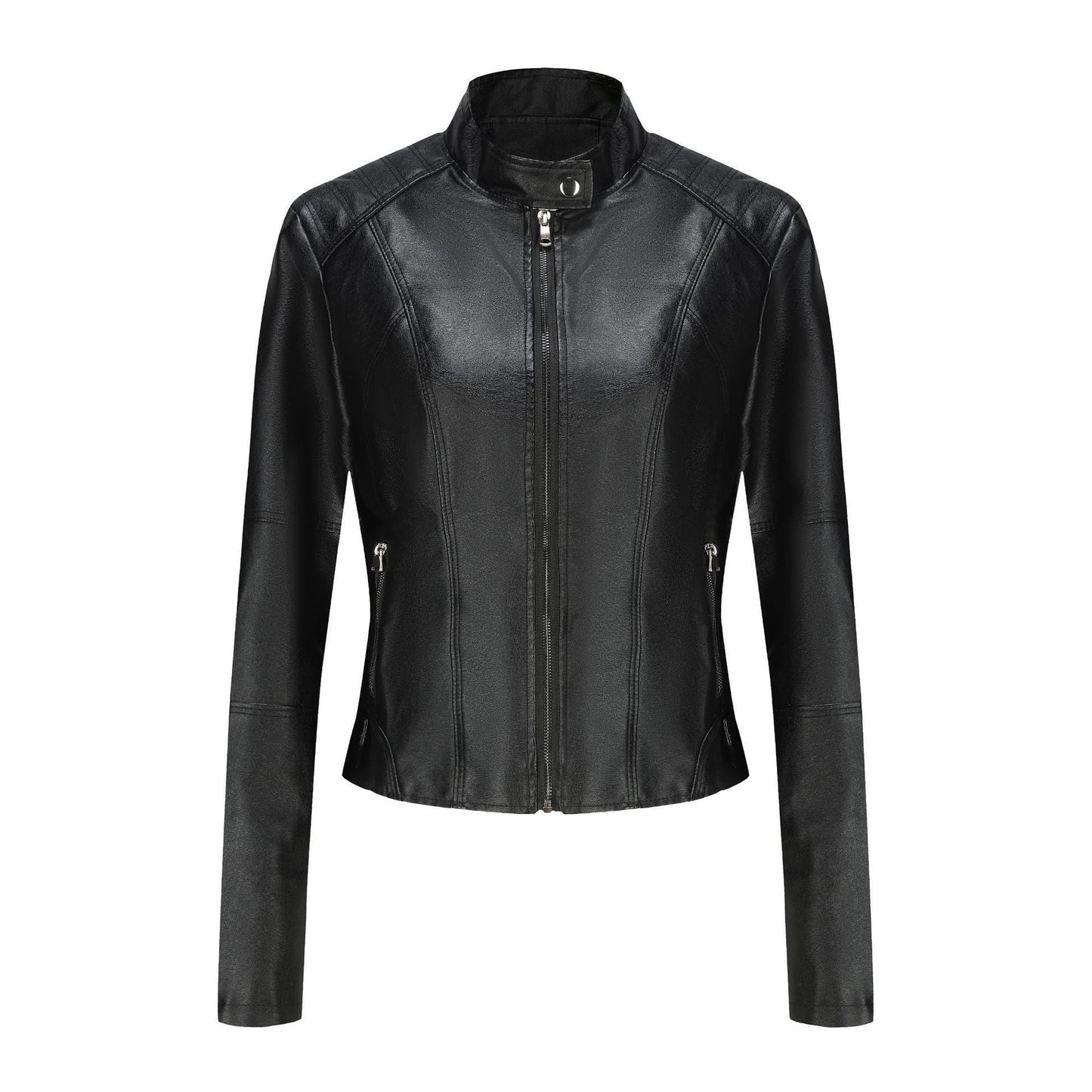 Damen Lederjacke Reißverschluss Taschen Schwarz Lederoptik - BerlinGlamour