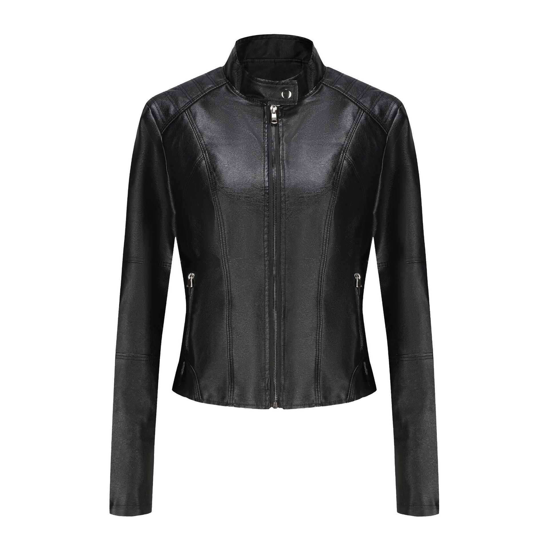 Damen Lederjacke Reißverschluss Taschen Schwarz Lederoptik - BerlinGlamour