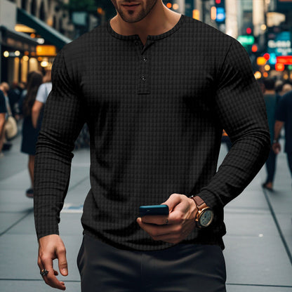 Herren Langarmshirt mit Knopfkragen und Struktur Optik Modern