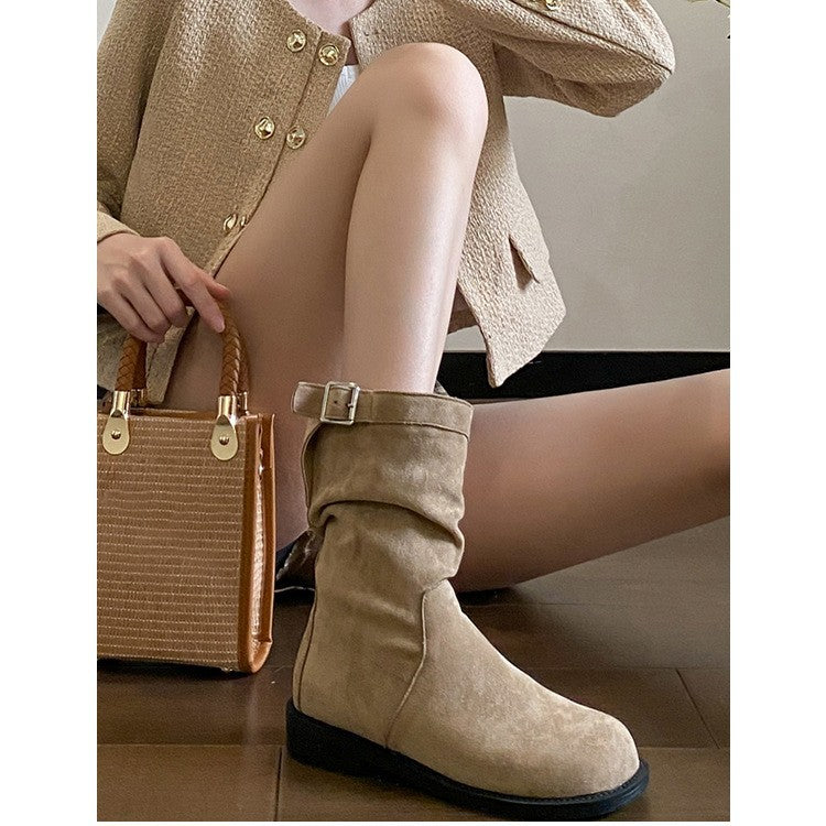 Damen Stiefel Mit Schnalle Und Falten Design