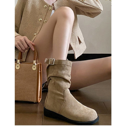 Damen Stiefel Mit Schnalle Und Falten Design