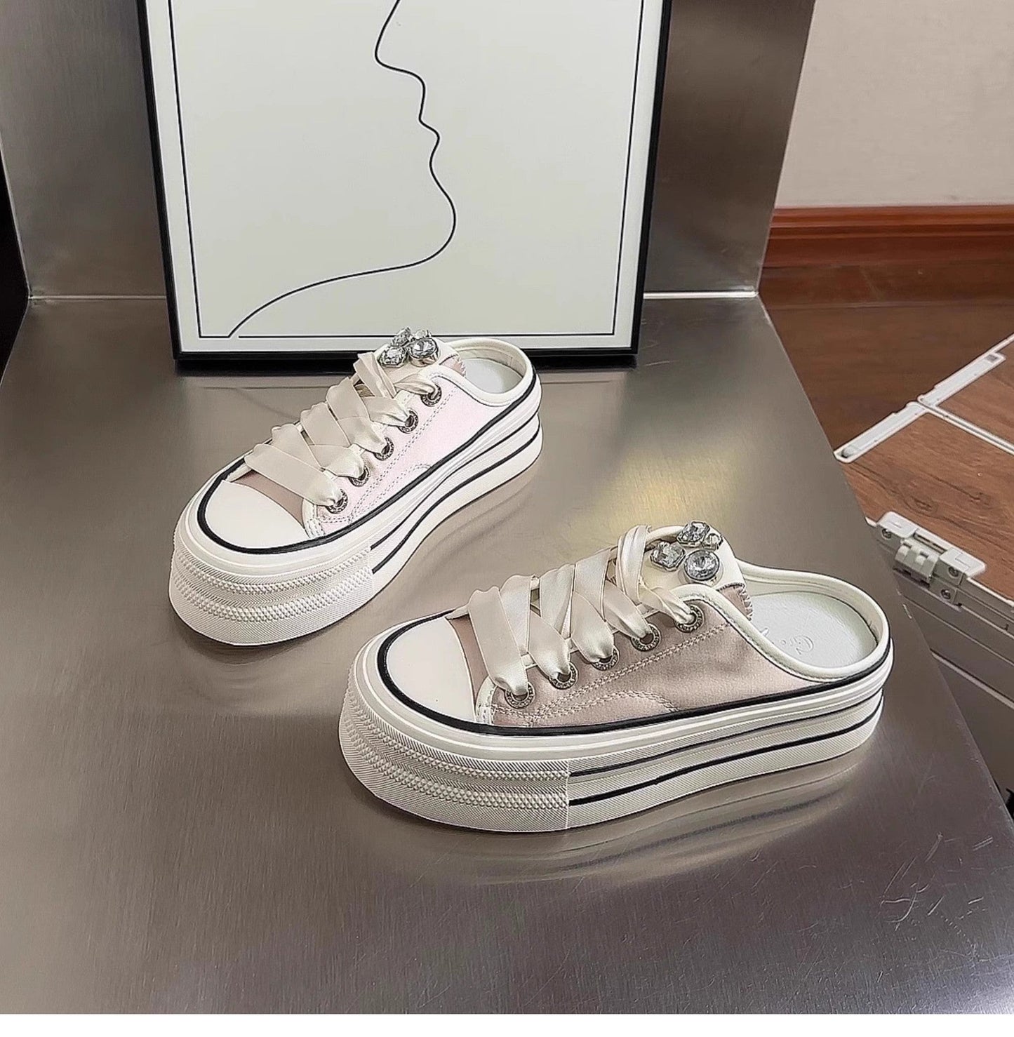 Damen Plateau Sneaker Glänzend Schnürsenkel Modern