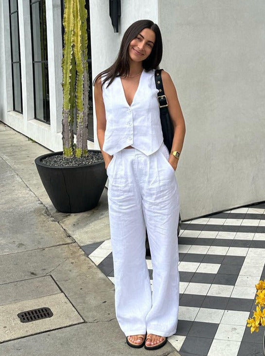 Elegantes Leinen-Set mit Weste und Weitbein-Hose Damen