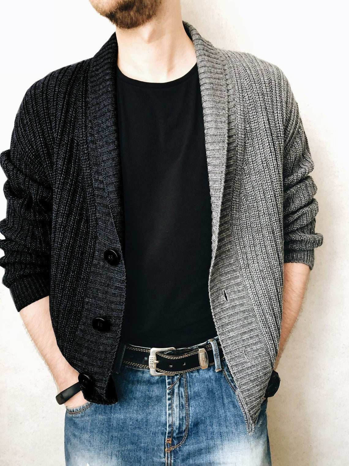 Herren Strickjacke Modern Knopfdesign Kontrast