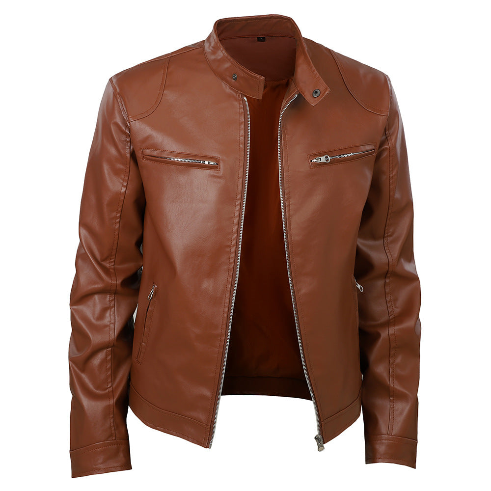Herren Kunstlederjacke Elegant Stehkragen Reißverschluss Taschen Schwarz