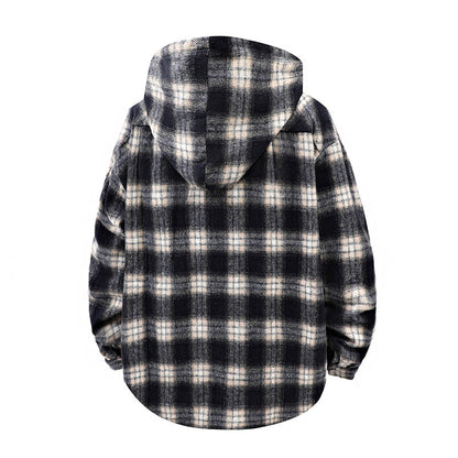 Herren Winterjacke Karomuster Kapuze Knöpfe Modern