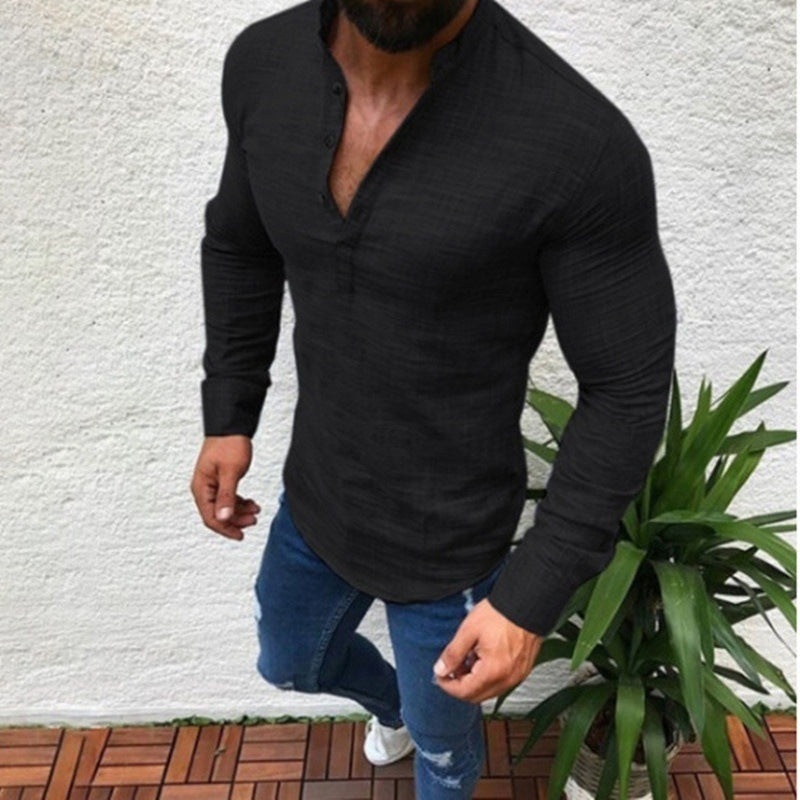 Herren Hemd Langarm Stehkragen Knopfverschluss Modern