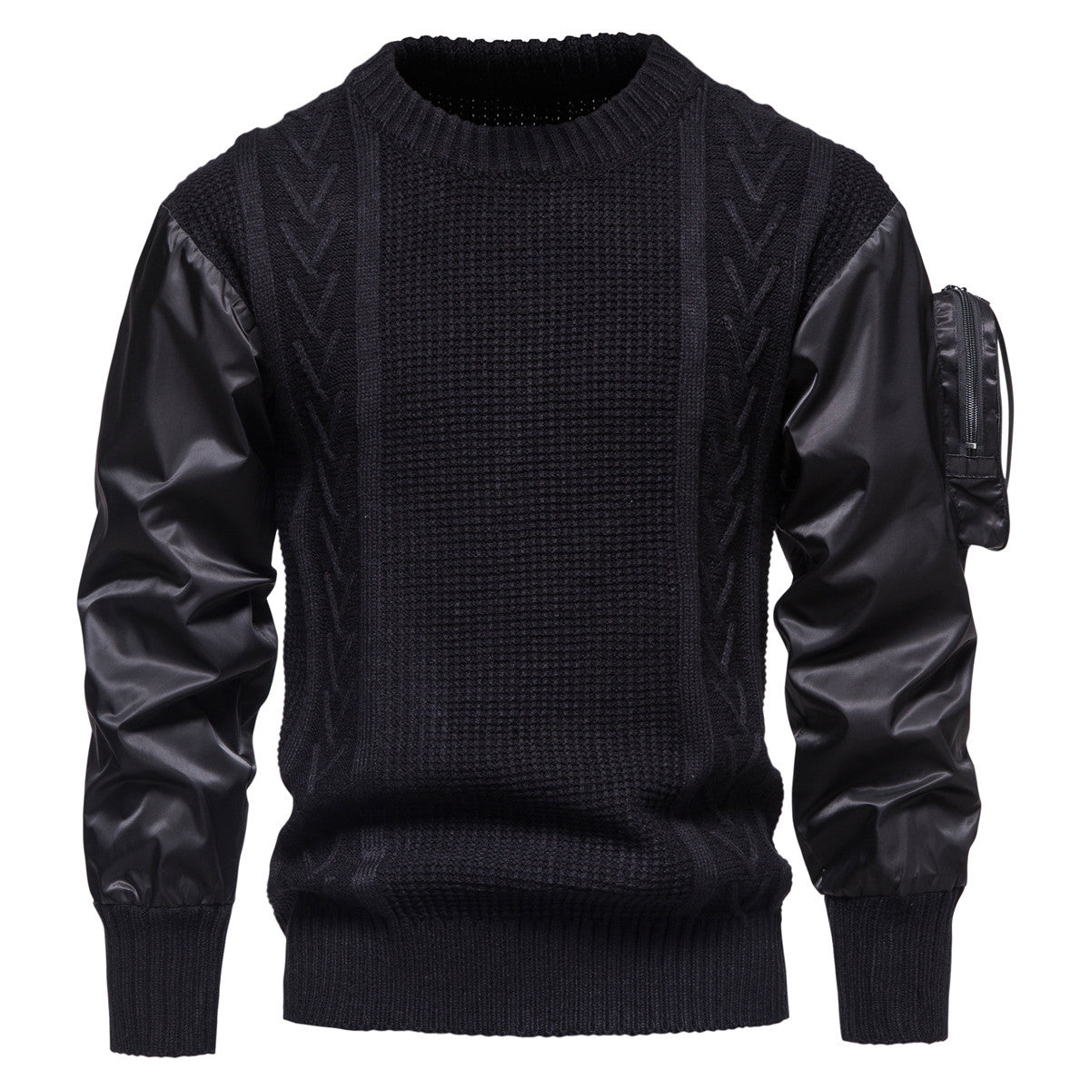 Herren Grobstrickpullover Modern mit Lederärmeln Schwarz