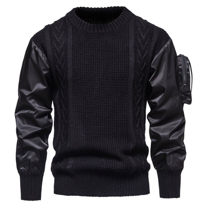 Herren Grobstrickpullover Modern mit Lederärmeln Schwarz