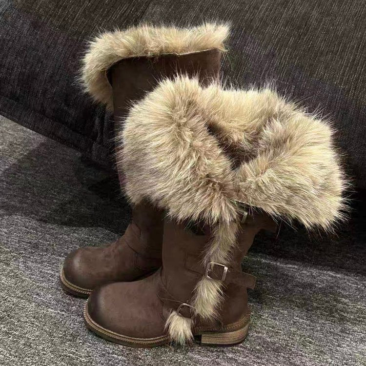 Damen Winterstiefel Flauschig Warm Schnalle Schwarz