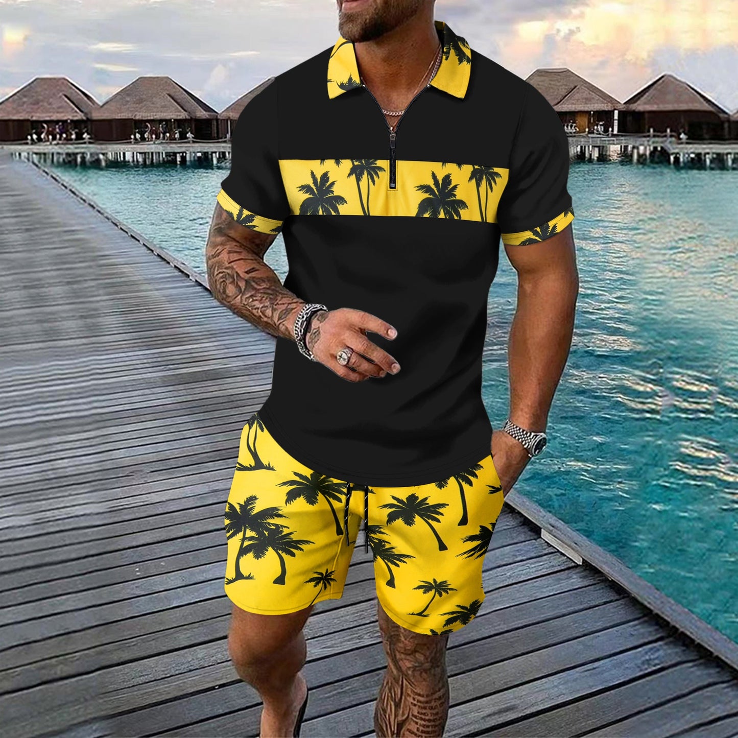Herren Polohemd Elegant Geschnitzt mit Shorts Sommer