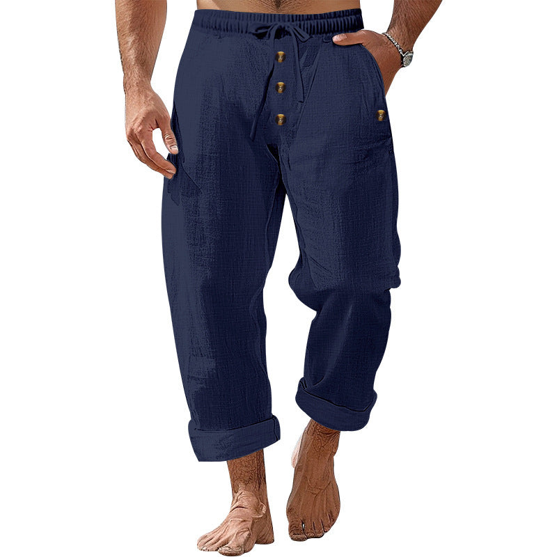 Herren Leinenhose Lässig Knopf Details Beige Sommerhose