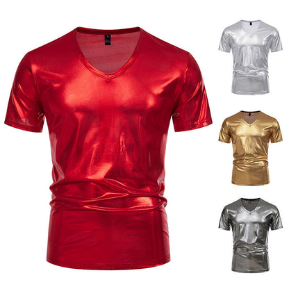 Herren T-Shirt V-Ausschnitt Stretch Glänzend Modern