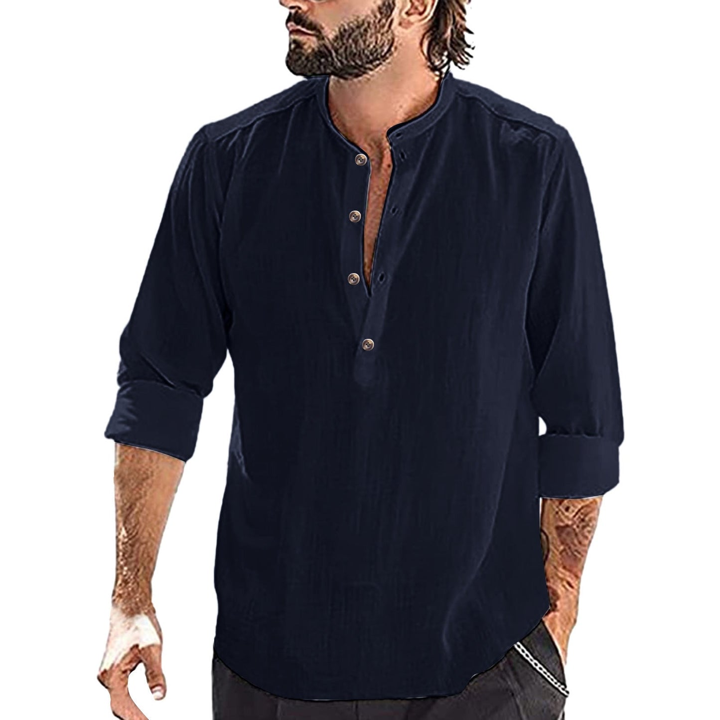 Herren Langarmhemd Slim Fit Stehkragen Modern