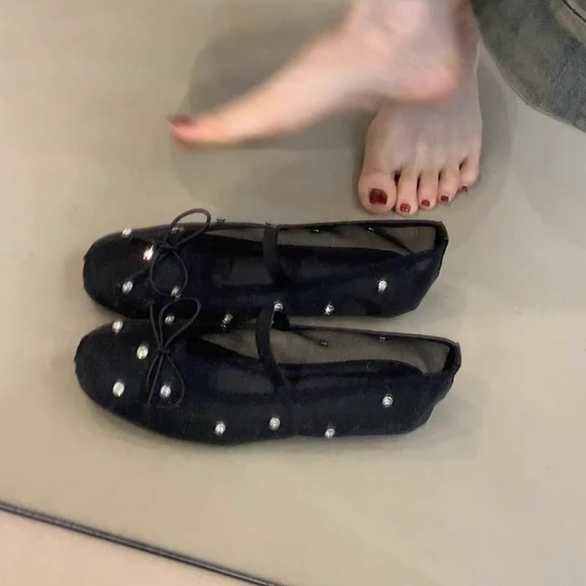 Damen Ballerinas Transparent Perlen Schmuck